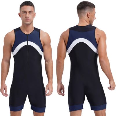 Loyan Men's Slim Fit Wrestling Singlets Gymnastic Leotard Zipper Front Bodysuit Dance Biketard Unitard Navy Blue Large