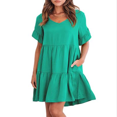 Zhyaj Summer Short Sleeve Midi Dress for Womens Smocked Elastic Waist Tiered A-Line Dress Dressy Round Neck Midi Dress