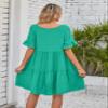 Zhyaj Summer Short Sleeve Midi Dress for Womens Smocked Elastic Waist Tiered A-Line Dress Dressy Round Neck Midi Dress view 3
