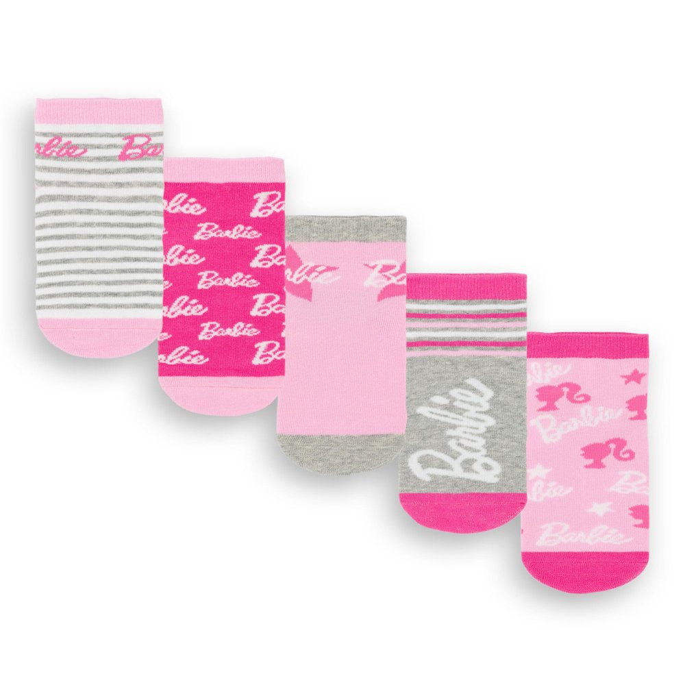Barbie Girls Socks 5 Pack | Kids Multicoloured Doll Graphic Footwear | Funky Pink Fashion Stripey Comfortable Sock Set Bundle | Cartoon Movie TV Series Merchandise Gift