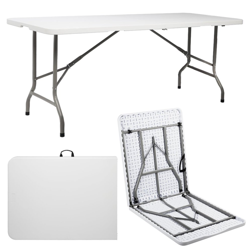 6ft Outdoor Folding Picnic Camping Table,Portable Lightweight Plastic Picnic Table,Travel Camping Table,Portable Folding Grill Table,with Carry Handle,for Patio, Fishing, Beach, BBQ (White)
