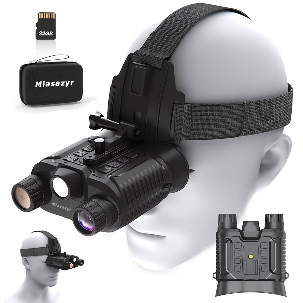 Miasazyr Head-Mounted Night Vision Goggles - Hands Free Night Vision Binoculars for Adults, 1312FT Digital Infrared Goggles with White Light Lamp, 8X Digital Zoom, Include 32GB SD Card
