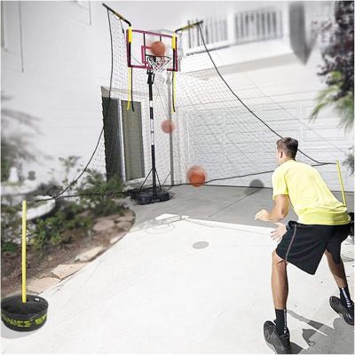Basketball Air Defense Return Net Guard and Backstop, Ball Shot Trainer with 16x16ft Net, Automatic Ball Rebounder 90 Rotatable, Hoop Rebound Back Netting Attachment for Yard, Home & Residential Use(