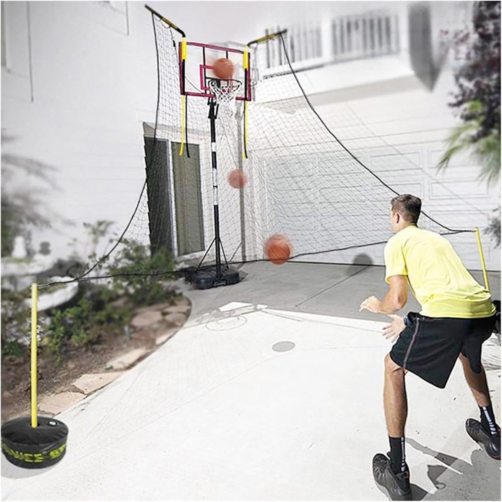 Basketball Air Defense Return Net Guard and Backstop, Ball Shot Trainer with 16x16ft Net, Automatic Ball Rebounder 90 Rotatable, Hoop Rebound Back Netting Attachment for Yard, Home & Residential Use(