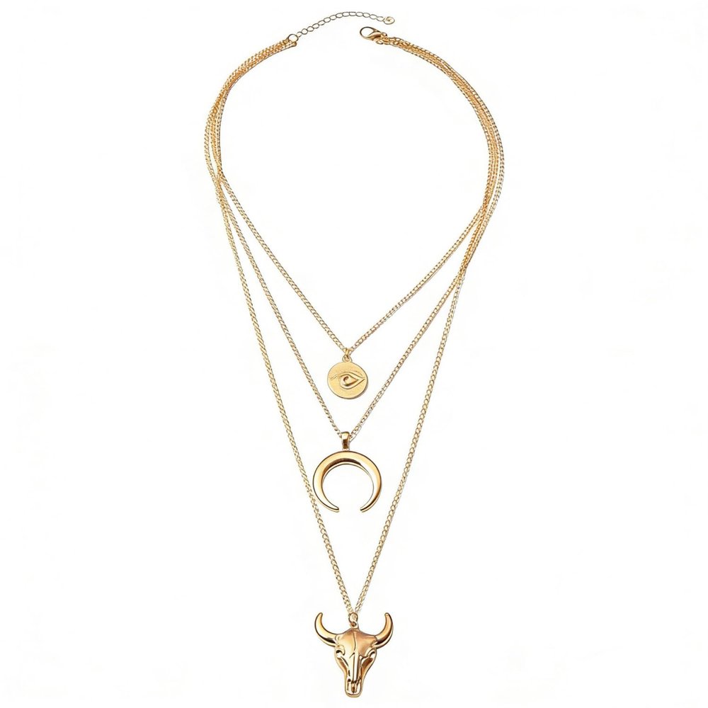JHJEWH Women's Vintage Western Layered Necklaces Evil Eye Bull Head Crescent Moon Layered Necklace Boho Cowboy Cowgirl Geometric Pendant Chain Necklace Fashion Jewelry Gifts for Women (style2)
