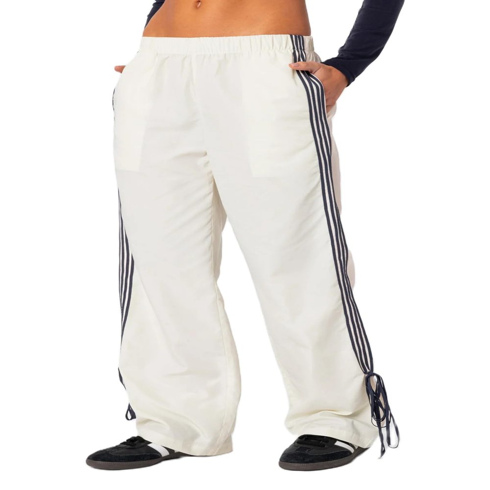 UAURORAO Women Y2k Wide Leg Track Pants Baggy Striped Joggers Sweatpants Elastic Waist Color Block Parachute Pants with Pockets(Tie White,Medium)