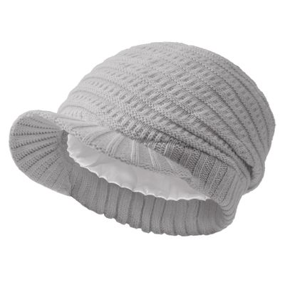 Century Star Women Satin Lined Winter Knit Hat with Visor Newsboy Cap Slouchy Beanie Cap Warm Winter Hat Light Grey One Size
