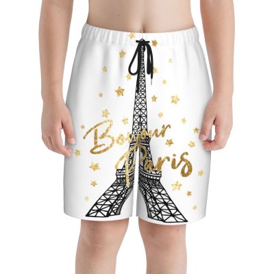 Bonjour Paris Eiffel Tower Teens Beach Shorts Running Workout Sports Shorts Summer Casual Shorts for Boys