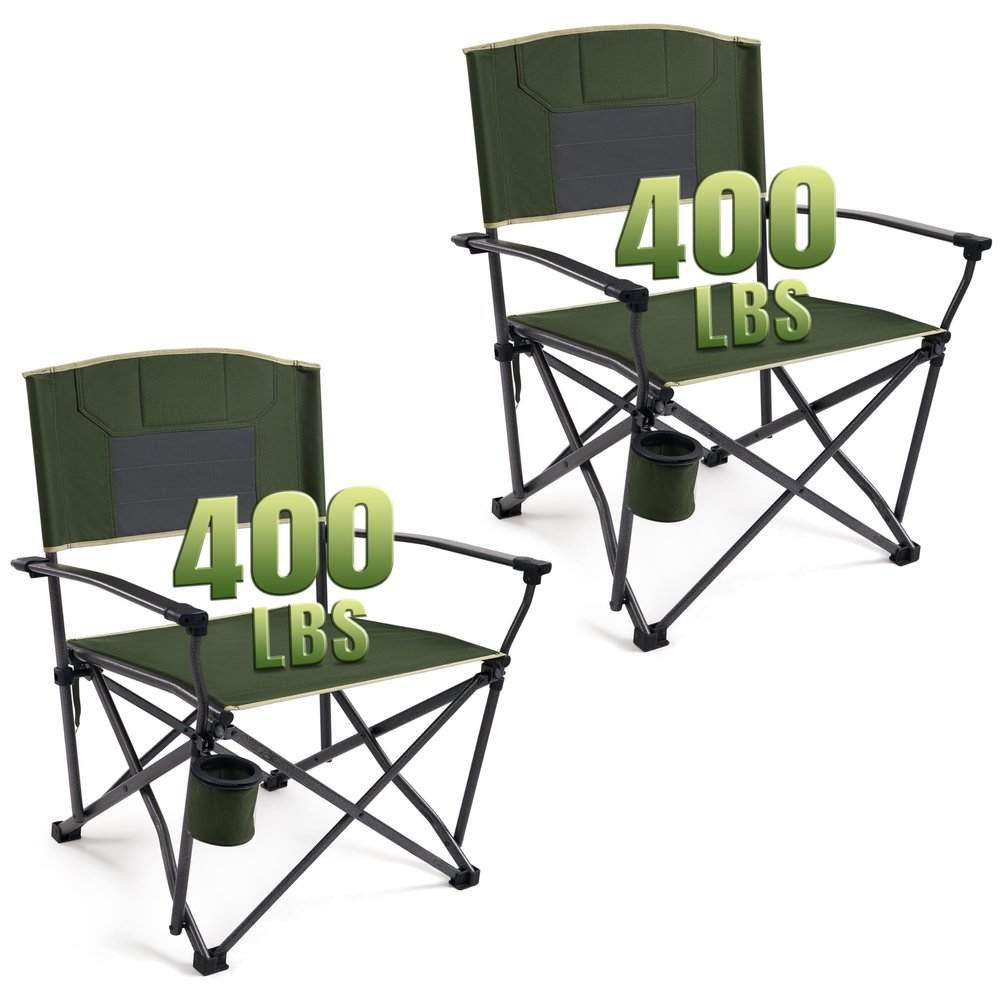 2PCS Oversized Folding Camping Chairs for Adults Heavy Duty Camp Chair Support 400 LBS Steel Frame Metal Arm Lawn Chairs with Swivel Cup Holder, Extra Large Outdoor Chairs Green