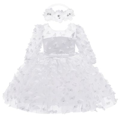 ABAFIP Baby Girl Flower Dress Toddler Tulle Sheer Sleeve Wedding Birthday Pageant Baptism Gown with Headband White 3 Months