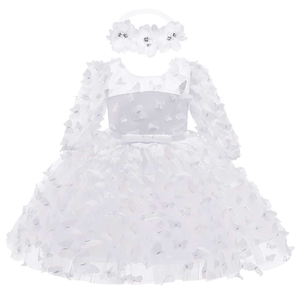 ABAFIP Baby Girl Flower Dress Toddler Tulle Sheer Sleeve Wedding Birthday Pageant Baptism Gown with Headband White 3 Months