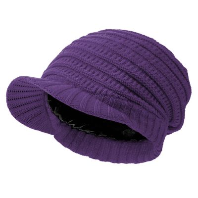 Century Star Women Satin Lined Winter Knit Hat with Visor Newsboy Cap Slouchy Beanie Cap Warm Winter Hat Purple One Size