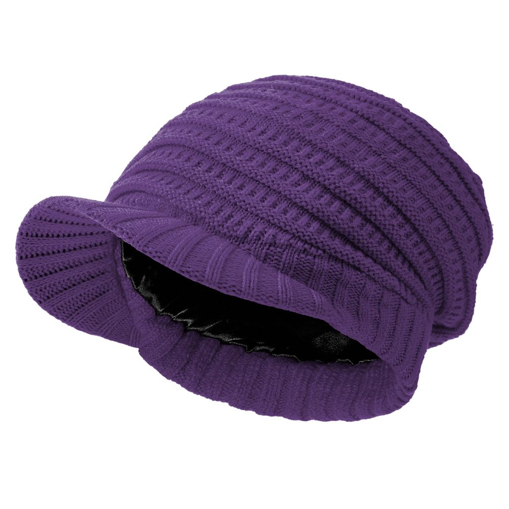 Century Star Women Satin Lined Winter Knit Hat with Visor Newsboy Cap Slouchy Beanie Cap Warm Winter Hat Purple One Size
