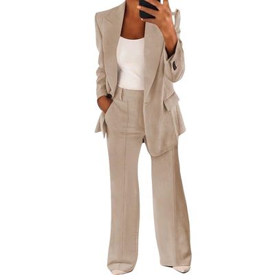 QXQYGRZ Business Casual Outfits for Women Blazer Jackets High Waisted Straight Leg Pants Slacks 2 Pieces Suit Sets Beige