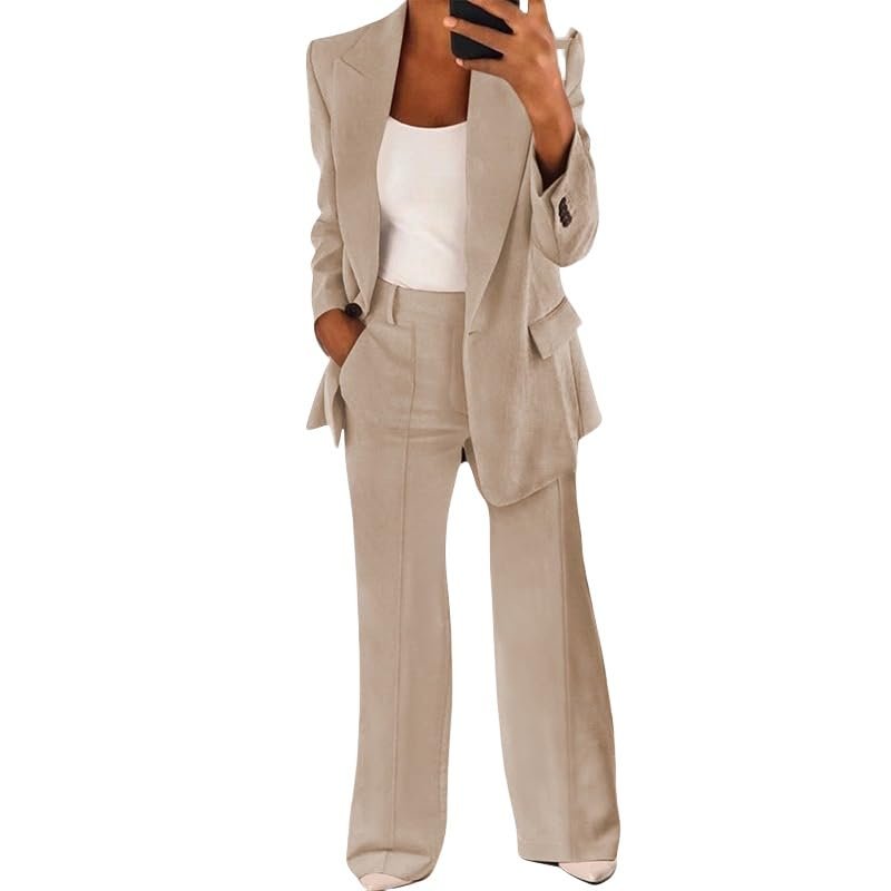 QXQYGRZ Business Casual Outfits for Women Blazer Jackets High Waisted Straight Leg Pants Slacks 2 Pieces Suit Sets Beige
