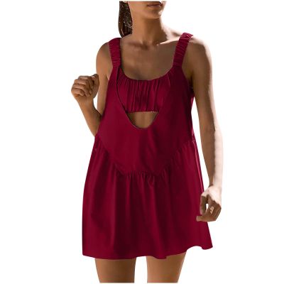 Womens Tennis Dress Built-in Bra and Shorts Colorblock Workout Dresses Cut Out Athletic Outfits with Pockets