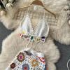 Women 2 Piece Outfit Set Hollow-Out Crochet Knit Bras Top And Asymmetrical Skirt Beach Cover Up view 2