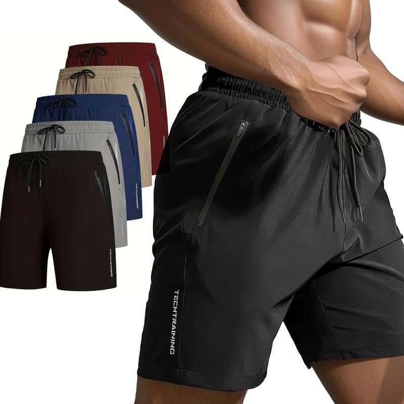 mcgotasy Men's Letter Print Drawstring Waist Shorts, 2025 Summer New Men's Casual Sports Shorts Breathable Quick Dry Black