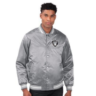 STARTER Men's Gray Las Vegas Raiders Printed Team Logo Satin Varsity Full-Snap Jacket