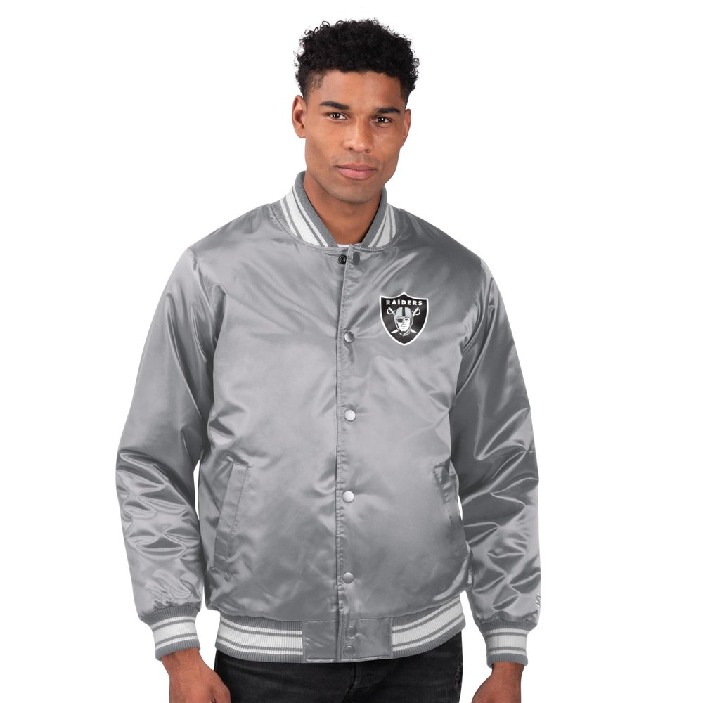 STARTER Men's Gray Las Vegas Raiders Printed Team Logo Satin Varsity Full-Snap Jacket