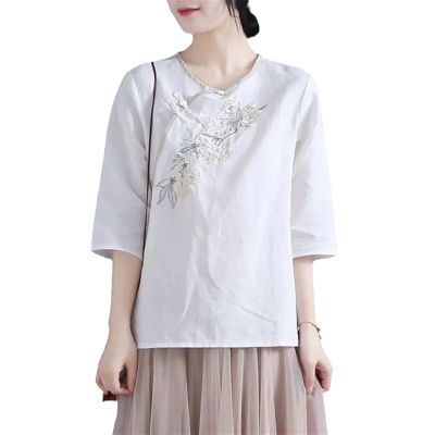 XJRJ Chinese Style Retro Top Embroidered Cotton Linen Women's Loose Shirt Spring Summer Tradition Blouse White Light Blue White L