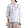 XJRJ Chinese Style Retro Top Embroidered Cotton Linen Women's Loose Shirt Spring Summer Tradition Blouse White Light Blue White L view 1