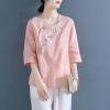 XJRJ Chinese Style Retro Top Embroidered Cotton Linen Women's Loose Shirt Spring Summer Tradition Blouse White Light Blue White L view 2