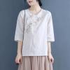 XJRJ Chinese Style Retro Top Embroidered Cotton Linen Women's Loose Shirt Spring Summer Tradition Blouse White Light Blue White L view 4