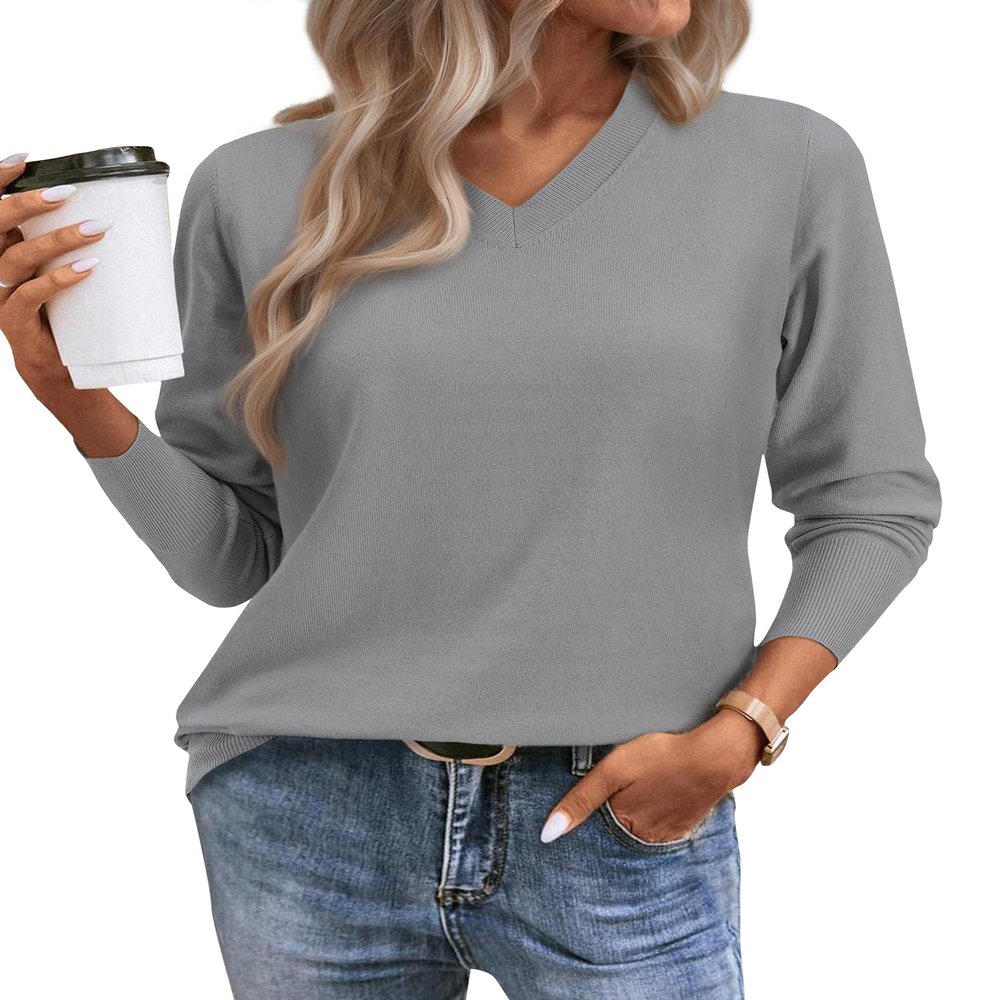 Gray Sweaters for Women Classic Basic Long Sleeve Textured Fall Pullover V Neck Blouses Cute Tops Crotched Trending Teacher Outfits Ladies Apparel Lightweight Grey S