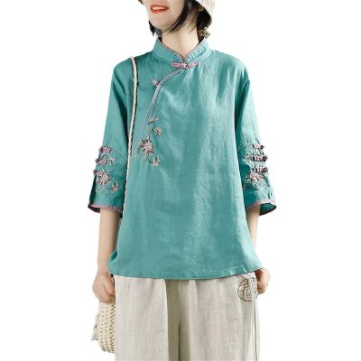 XJRJ Traditional Chinese Top Chines Print Hanfu Clothes Oriental Clothing Chinese Linen Blouse for Women colour1 S
