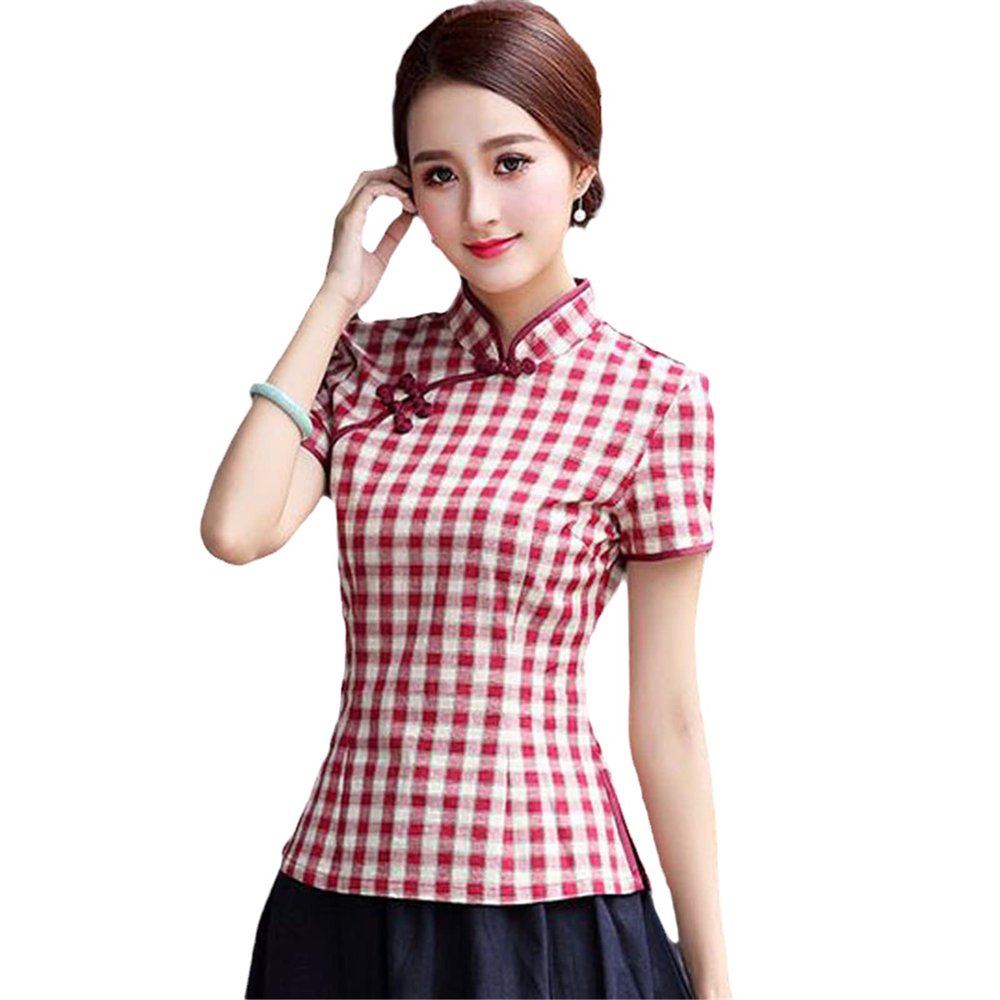 Cheongsam Women's Tang Costume Tops Summer Plaid Prints Stand Collar Short Sleeve Chinese Style Qipao Shirts Red XL