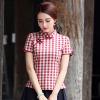 Cheongsam Women's Tang Costume Tops Summer Plaid Prints Stand Collar Short Sleeve Chinese Style Qipao Shirts Red XL view 2