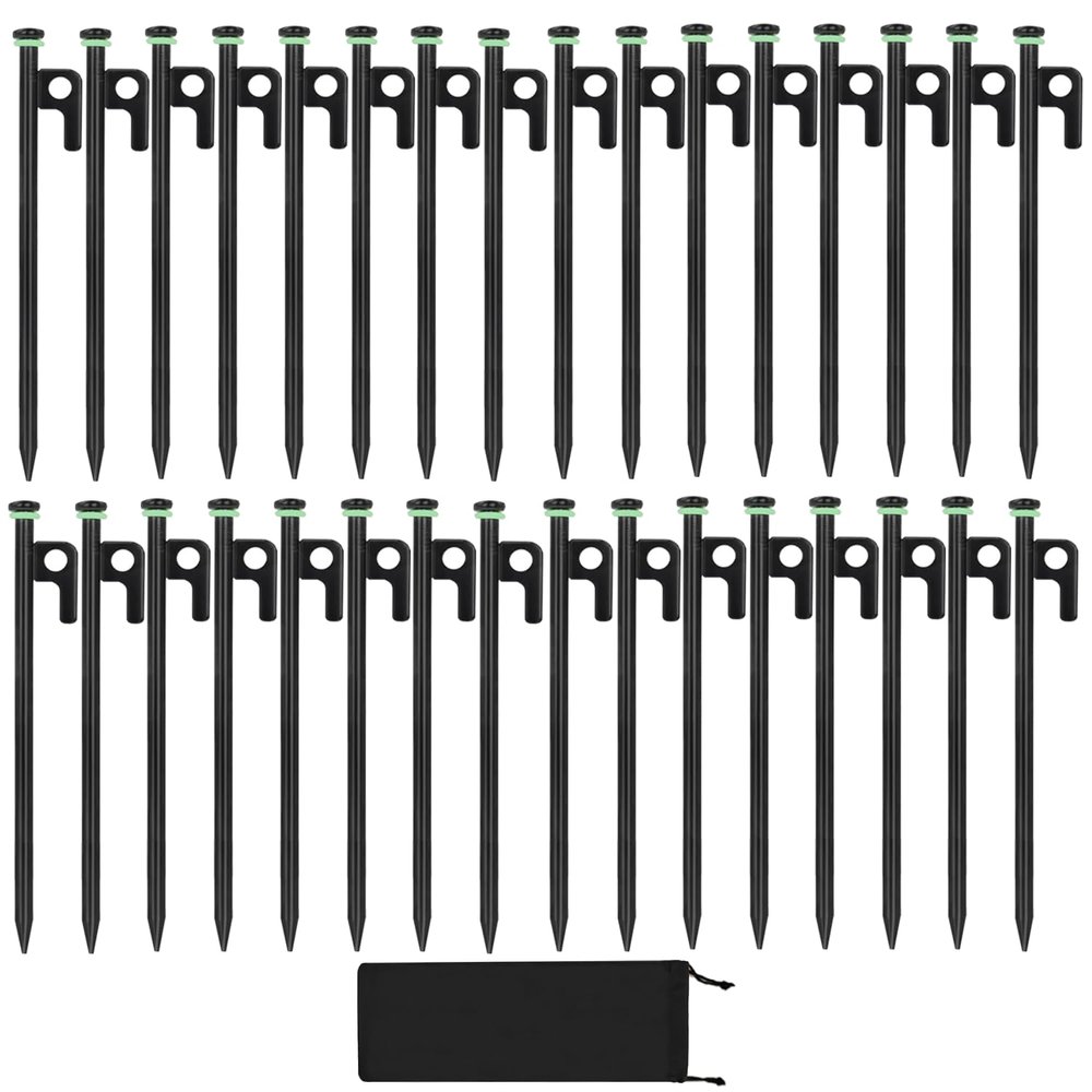 32Pcs Tent Stakes, 8in Heavy Duty Tent Stakes with Storage Pouch, Forged Steel Tent Sakes Metal, Metal Stakes for Tent Used on Grassland, Snowfield, Dessert(32Pcs, 8in, Diameter 3/8")