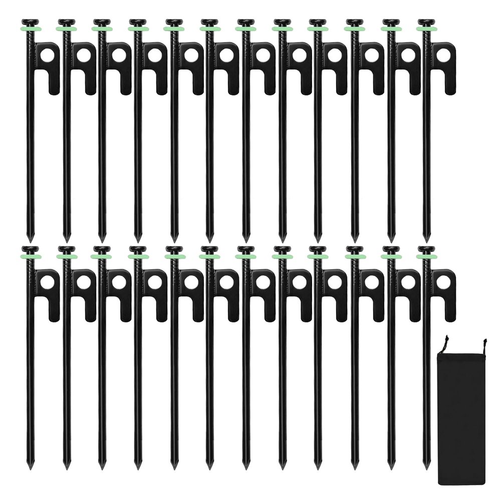 24Pcs Tent Stakes, 8in Heavy Duty Tent Stakes with Storage Pouch, Forged Steel Tent Sakes Metal, Metal Stakes for Tent Used on Grassland, Snowfield, Dessert(24Pcs, 8in, Diameter 1/4")