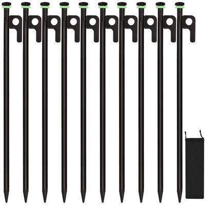 10Pcs Tent Stakes, 16in Heavy Duty Tent Stakes with Storage Pouch, Forged Steel Tent Sakes Metal, Metal Stakes for Tent Used on Grassland, Snowfield, Dessert(10Pcs, 16in, Diameter 3/8")