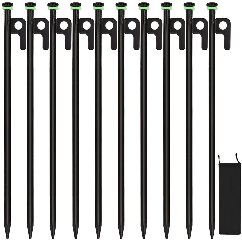 10Pcs Tent Stakes, 16in Heavy Duty Tent Stakes with Storage Pouch, Forged Steel Tent Sakes Metal, Metal Stakes for Tent Used on Grassland, Snowfield, Dessert(10Pcs, 16in, Diameter 3/8")