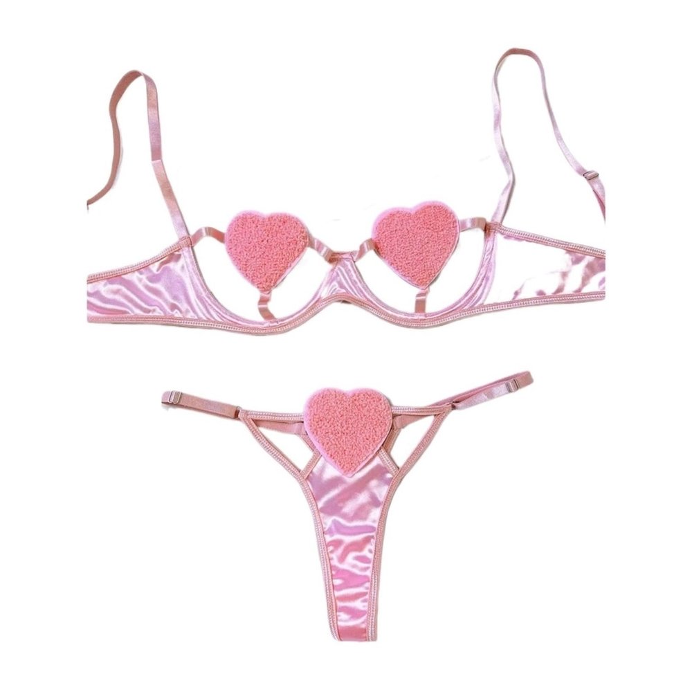 New Sexy Hollow Out Love Pink and Tender Girl Feeling Three-point Fun Lingerie Cupless Bra Bra Sexy Open Bra(Pink,J-M)