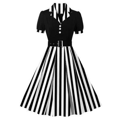 1950s Dresses for Women 50s Style Audrey Hepburn Vintage 1940s Rockabilly Retro Short Sleeve Polka Dot Summer A Line Swing Midi Skater Dress Cocktail Party Prom Gown Plus Size Black Stripe S