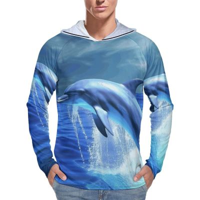 BTCOWZRV Men's Sun Protection Hoodie Shirts UPF 50+ Long Sleeve Rash Guard Blue Ocean Dolphin Sun Shirt Outdoor