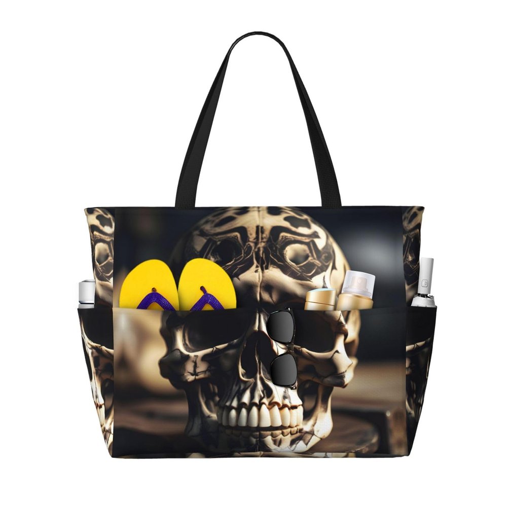 NOUZU Skull Rock Roll Skeleton Bone Print Beach Bag, Extra Large Totes For Beach Travel, Functional Fashion Beach Bag For Women