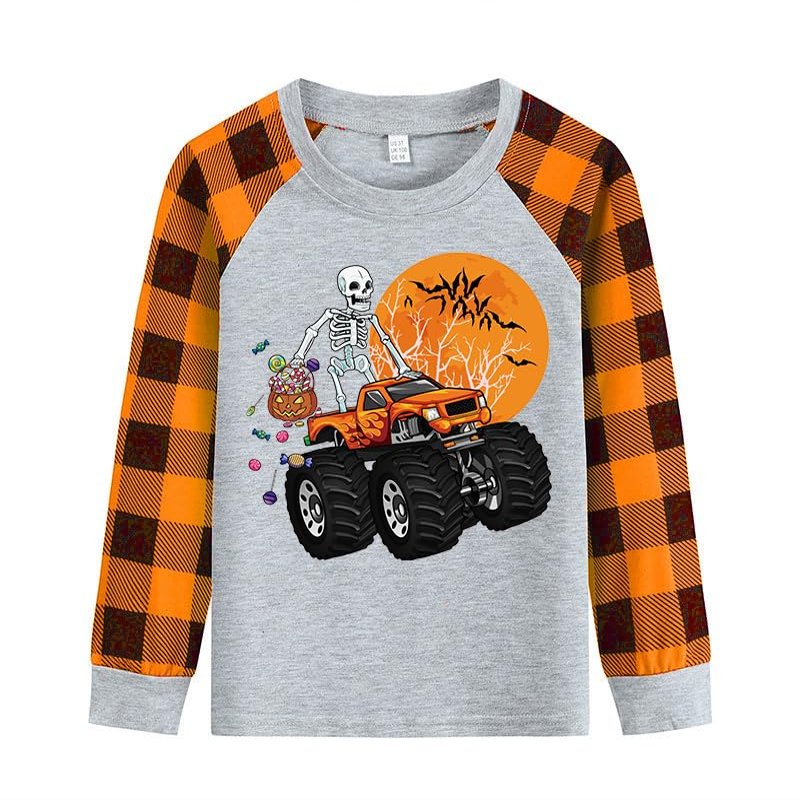 Halloween Shirt Toddler Boy Girls Stripe Long Sleeve Clothes Outfits Monster Truck Shirt Tops Kids Cotton Tshirt 5-6T