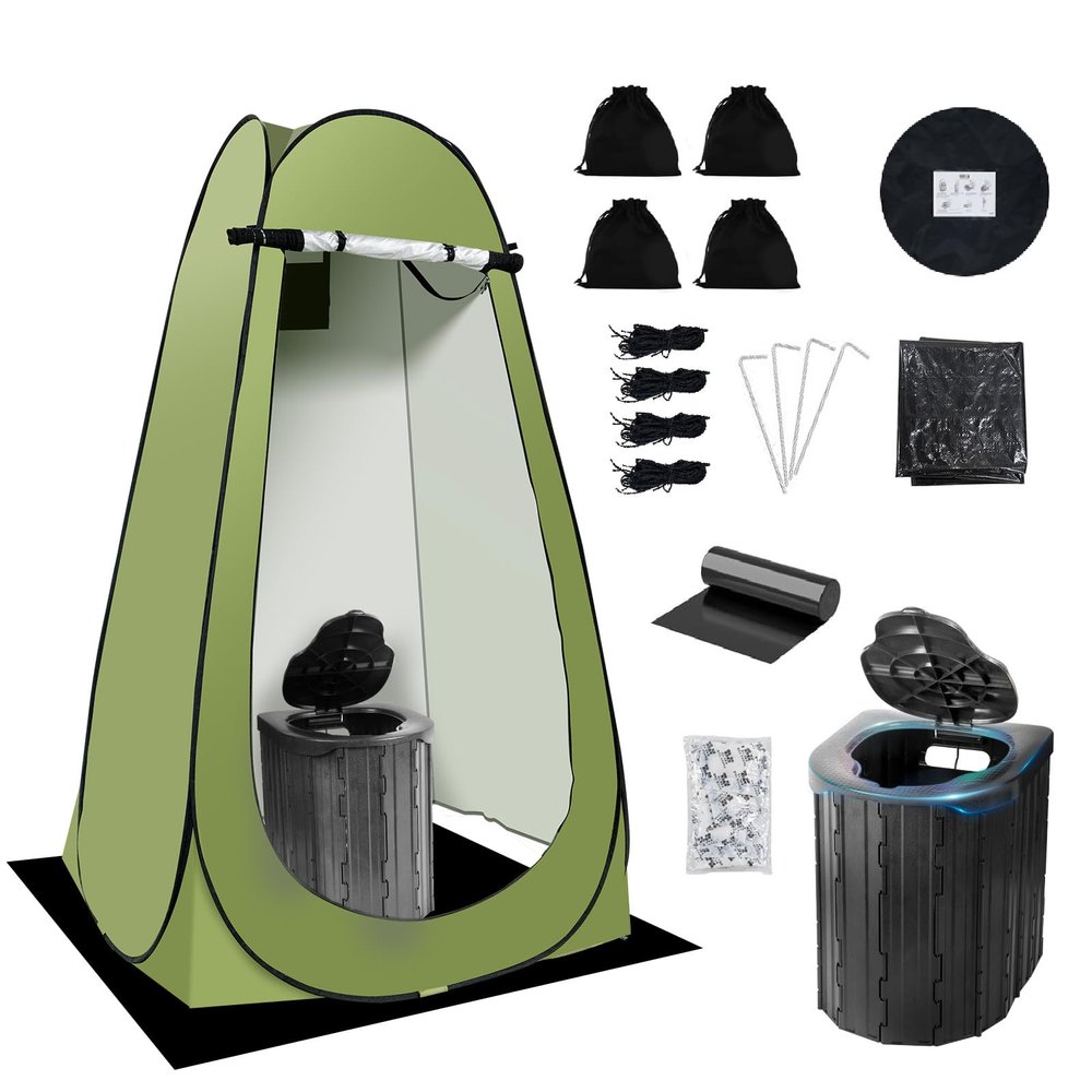 Camping Toilet Kit with Pop Up Privacy Tent, X Large Portable Folding Toilet Potty for Adults, Outdoor Camp Shower Tents,Changing Room with Carry Bag (Green)