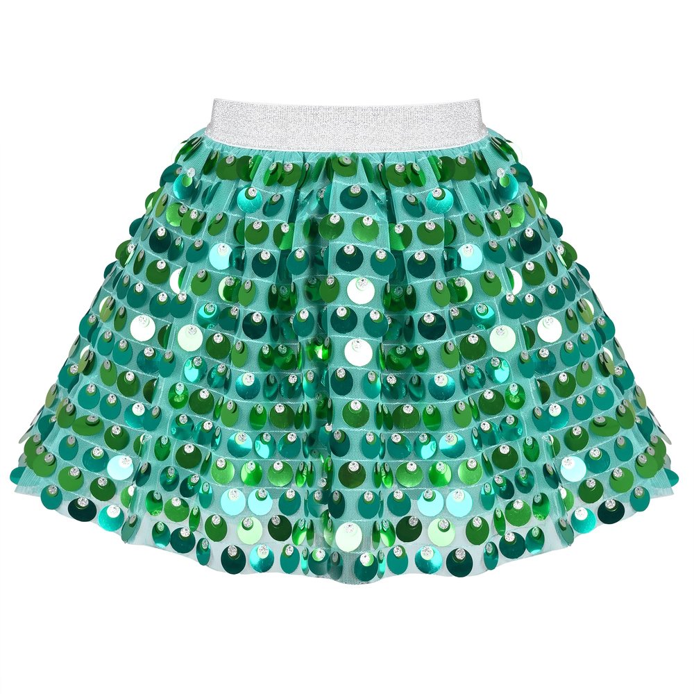 Girls Skirt Green Sequin Mermaid Sparkly Mini Tutu Belly Dance Party Size 4-5
