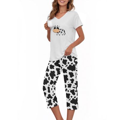 American Trends Cow Print Pajamas for Women Set Halloween Pajama Black Lounge Set White Pj Sets Cow Sleepwear Tops with Capri Pants Cow Print XL