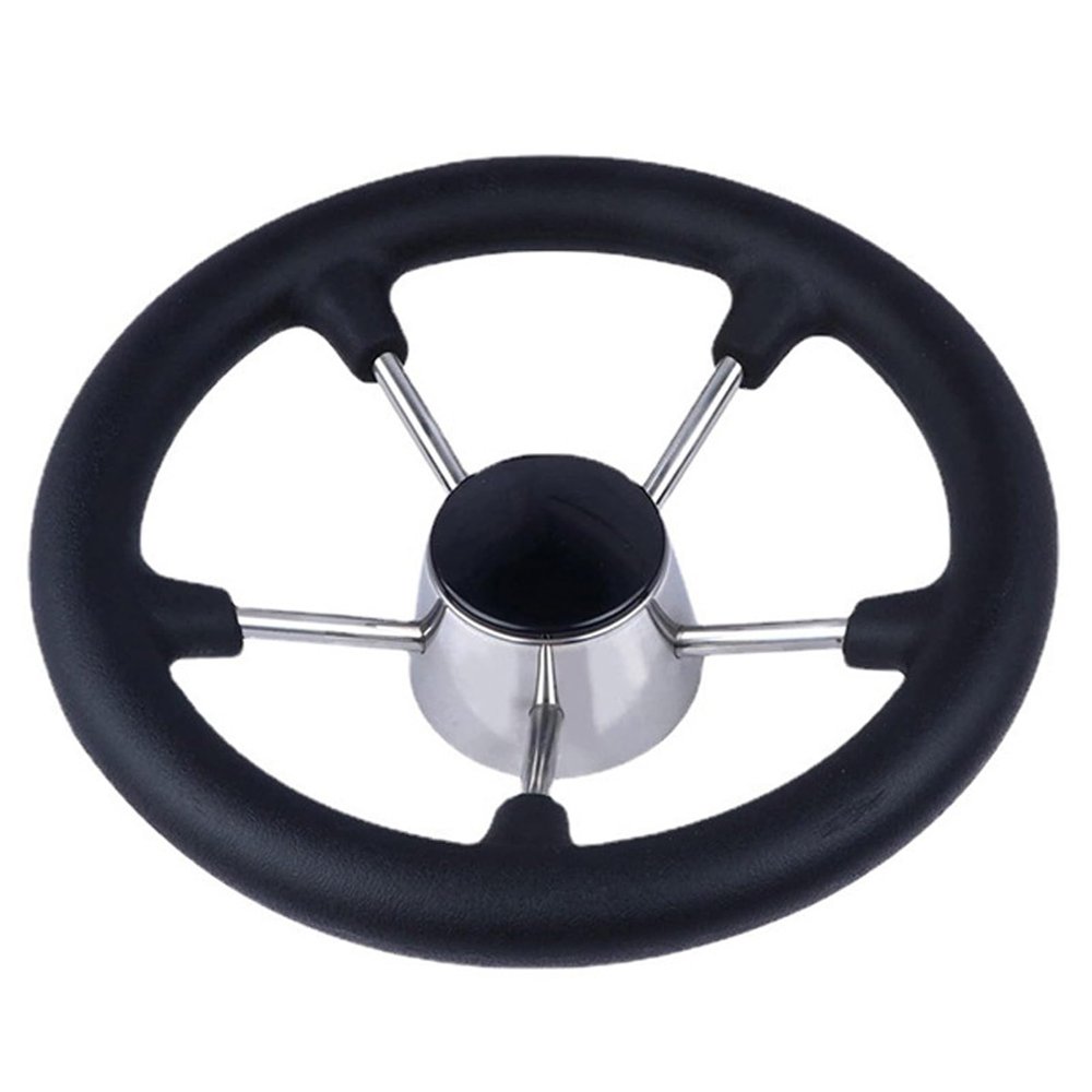 FOTN 15-1/2 Inch Stainless Steel 5 Spoke Boat Marine Destroyer Steering Wheel with Black PU Foam For Ship Pontoon Yacht Fishing Boat