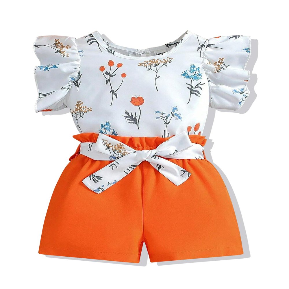 Vitalique Girls Summer Outfits Clothes Ruffle Short Sleeve Floral T-Shirt Top Summer Shorts with Belt 7 8T Girl Clothing Set Orange (7-8T)