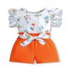 Vitalique Girls Summer Outfits Clothes Ruffle Short Sleeve Floral T-Shirt Top Summer Shorts with Belt 7 8T Girl Clothing Set Orange (7-8T) view 1