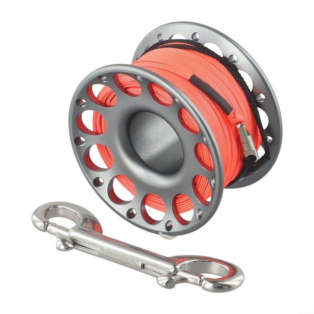 30M Aluminum Alloy Scuba Diving Reel With Dive Double Hook Bolt Snap Clip Aluminum Scuba Dive Finger Spool Reel For Snorkeling Diving Fishing(Gray)