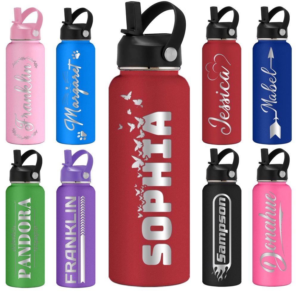 Amlion Custom Water Bottle,Personalized Water Bottles with Name Laser Engraved 12/18/24/32/40oz Insulated Cup for Son Daughter Women Men Office Birthday Sports Gifts - Red 8 Colors