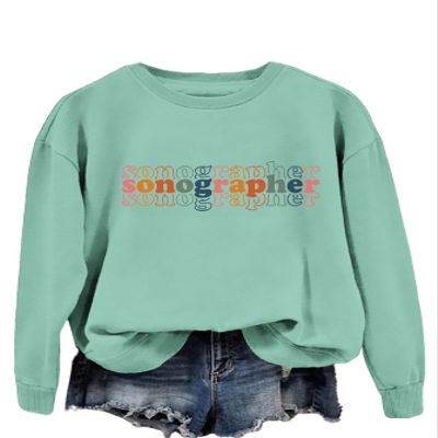 QYEKGXLLY Womens Sonographer Colorful Letter Print Long Sleeve Pullover Sweatshirt Ultrasound Technologist Graduation Shirt Green